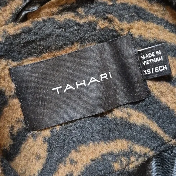 Tahari Black & Brown Wool Blend Lined 1 Button Zebra Print Midi Coat Pockets XS - Picture 6 of 9